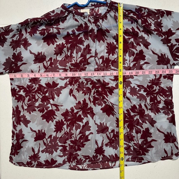 A New Day Gray Red Floral Print Long Sleeve Blouse Top‎ Semi Sheer Shimmery XL - Picture 7 of 7